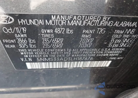 2020 Hyundai Santa Fe Sel z USA, uszkodzony, nr VIN 5NMS33AD3LH187676